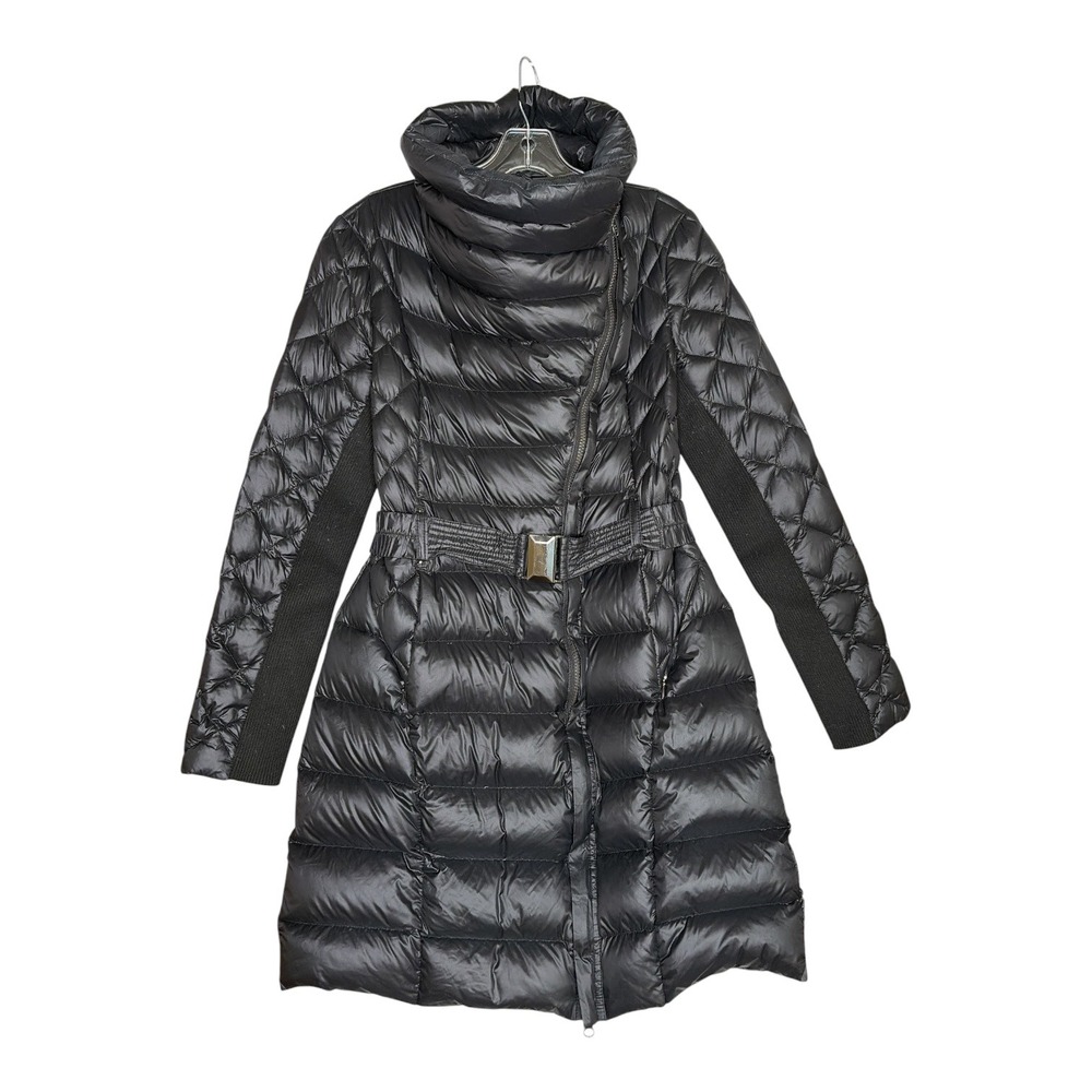 Saks Fifth Avenue Womens Black Asymmetrical Belted Down Puffer Coat Small S/P
